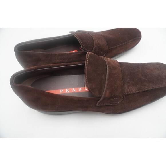PRADA Men\'s Brown Suede Quiet Luxury Penny Slip on Moccasin Italian Loafer Sz 37
